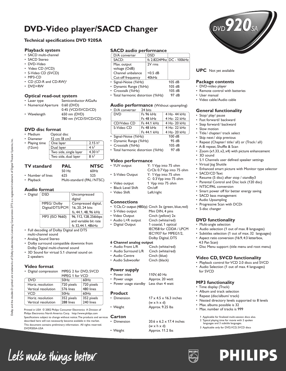 Dvd-video player/sacd changer, Dvd sa sa | Philips DVD920SA User Manual | Page 2 / 2