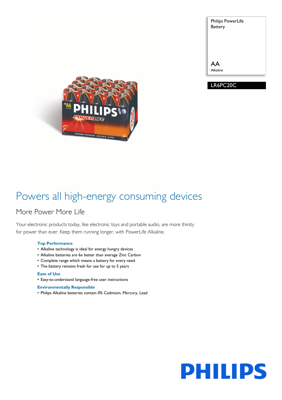 Philips PowerLife Battery LR6PC20C AA Alkaline User Manual | 2 pages