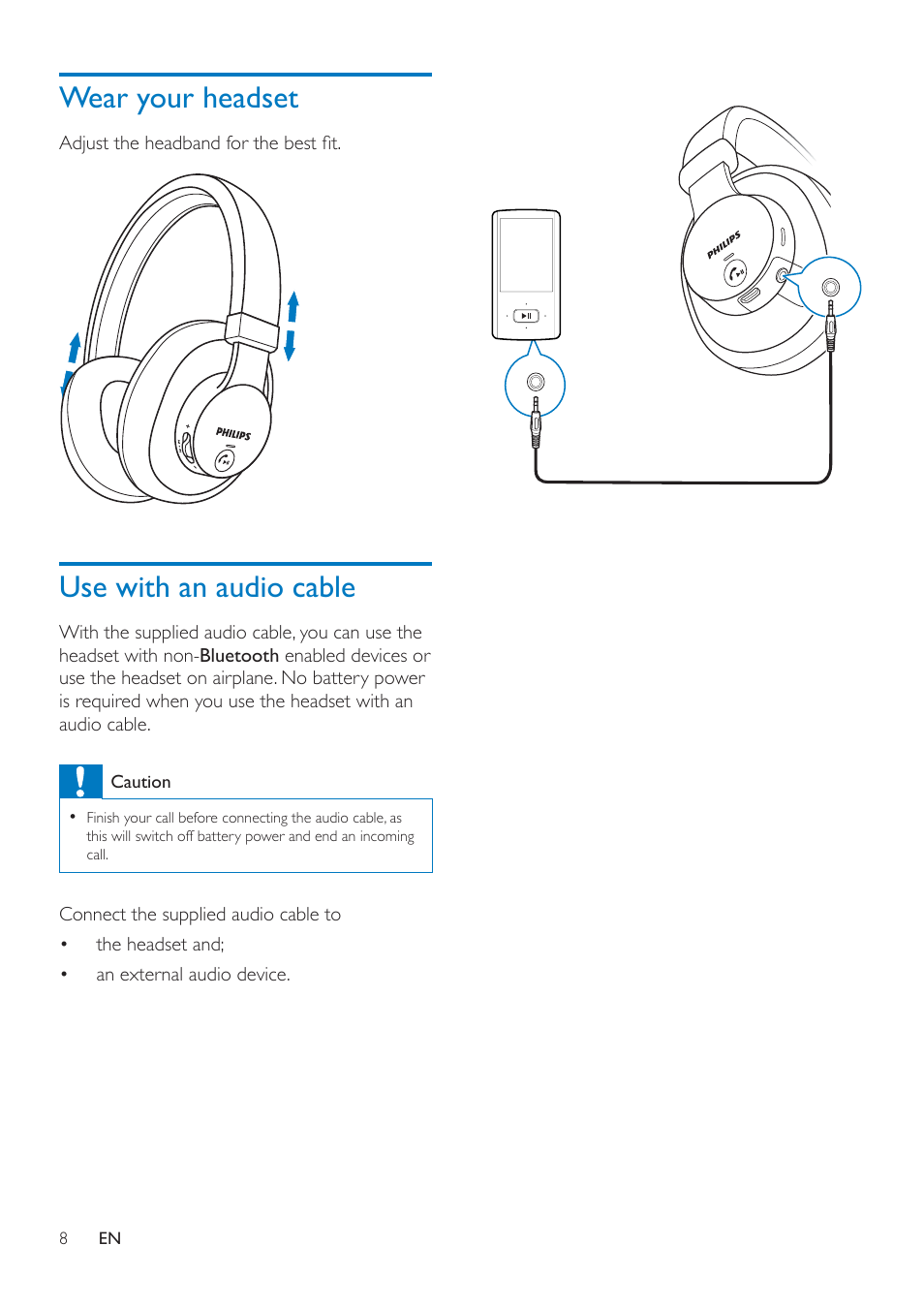 Wear your headset, Use with an audio cable | Philips SHB7000-00 User Manual | Page 10 / 14