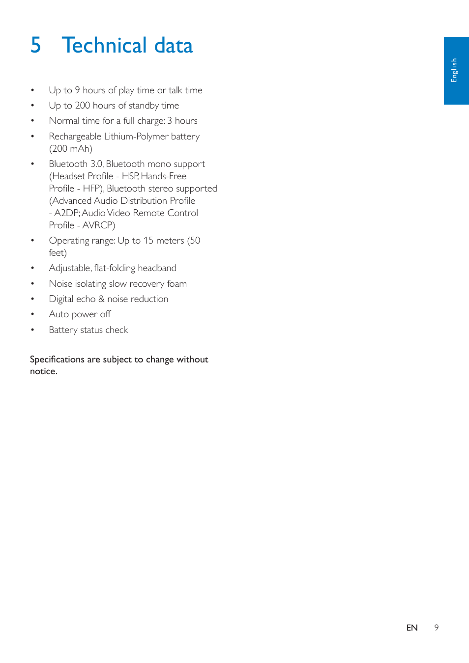 5 technical data | Philips SHB7000-00 User Manual | Page 11 / 14