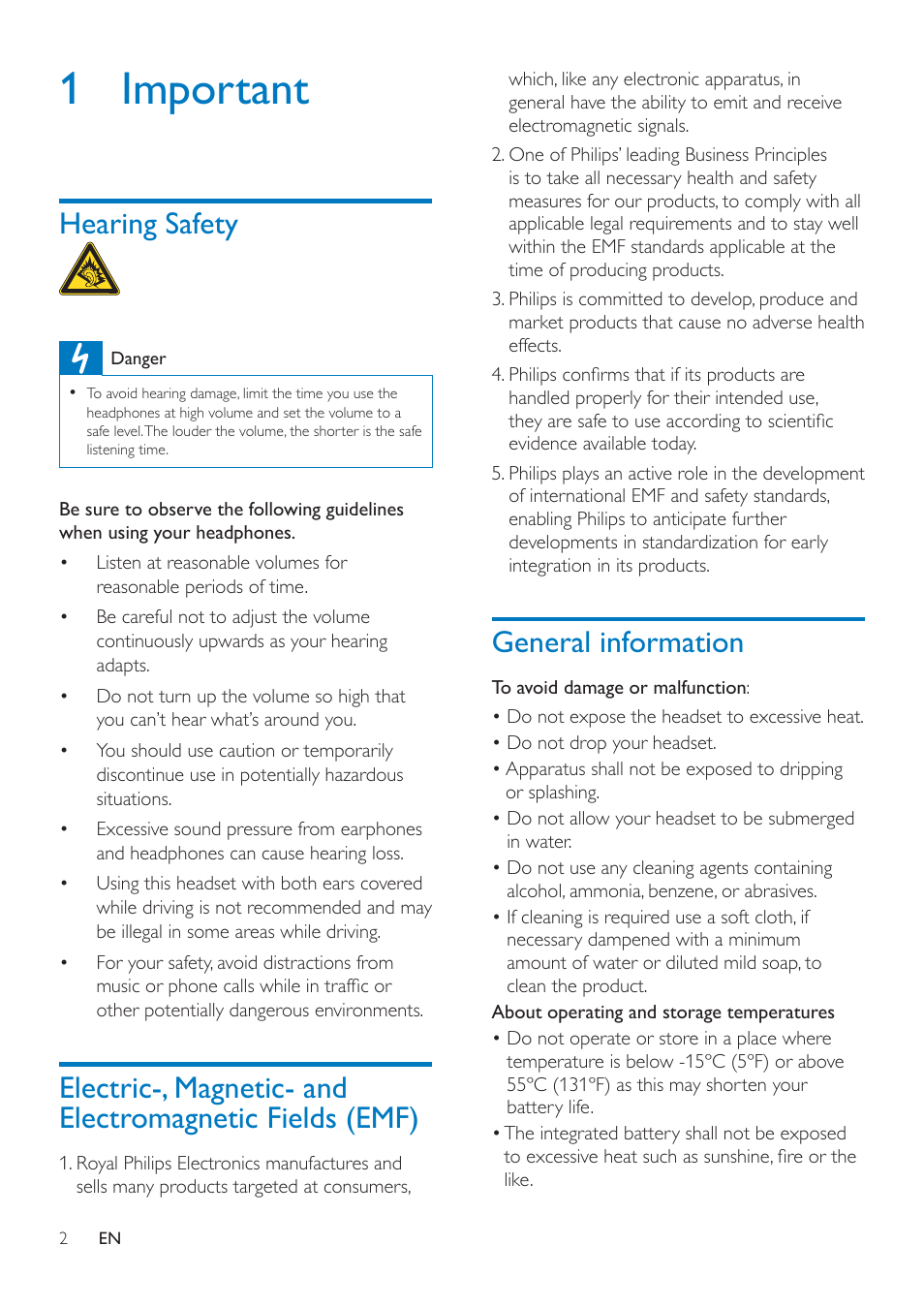 1 important, Hearing safety, General information | Electric-, magnetic- and, Electromagnetic fields (emf) | Philips SHB7000-00 User Manual | Page 4 / 14
