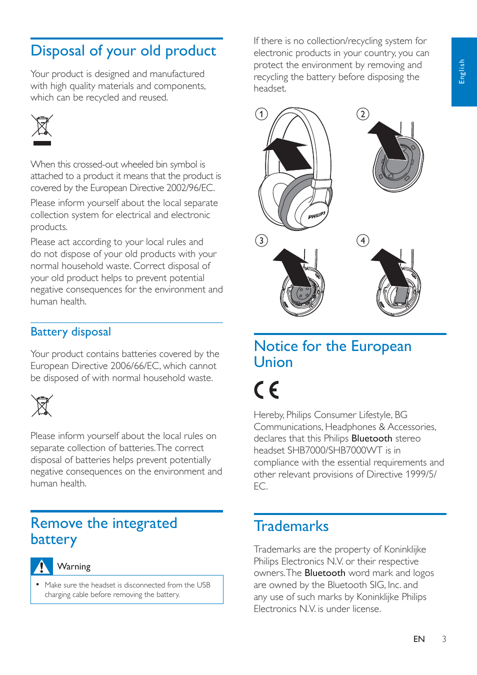 Disposal of your old product, Battery disposal, Remove the integrated battery | Notice for the european union, Trademarks, Trademarks 3 | Philips SHB7000-00 User Manual | Page 5 / 14