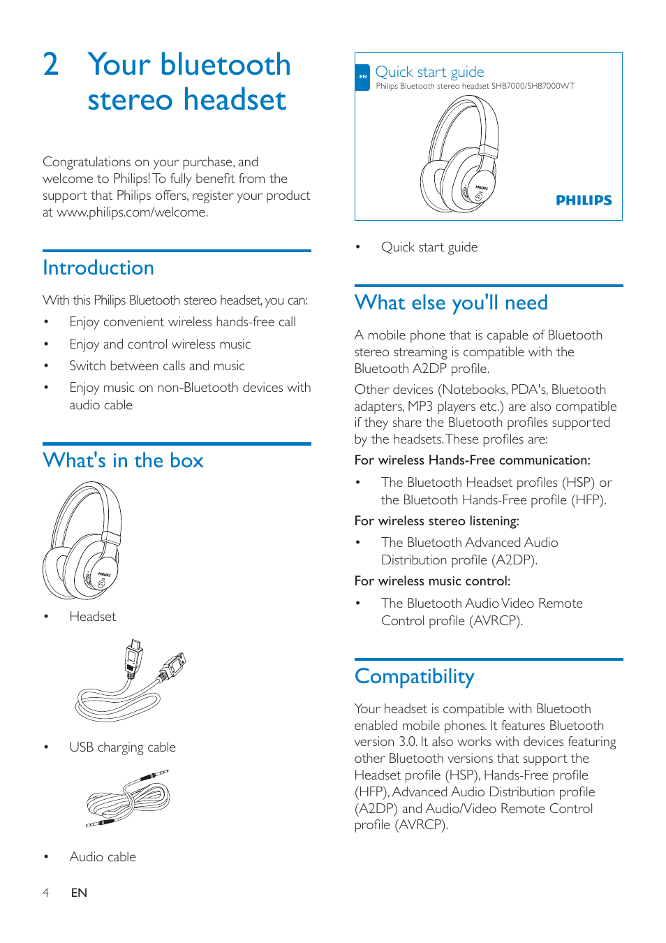 2 your bluetooth stereo headset, Introduction, What's in the box | What else you'll need, Compatibility, Introduction 4, Compatibility 4 | Philips SHB7000-00 User Manual | Page 6 / 14