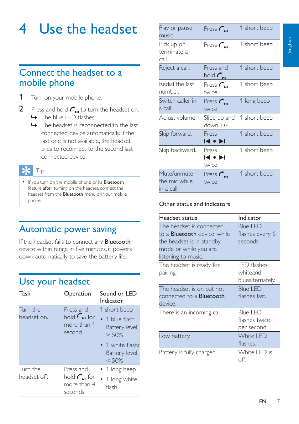 4 use the headset, Connect the headset to a mobile phone, Automatic power saving | Use your headset, Connect the headset to a mobile phone 7 | Philips SHB7000-00 User Manual | Page 9 / 14