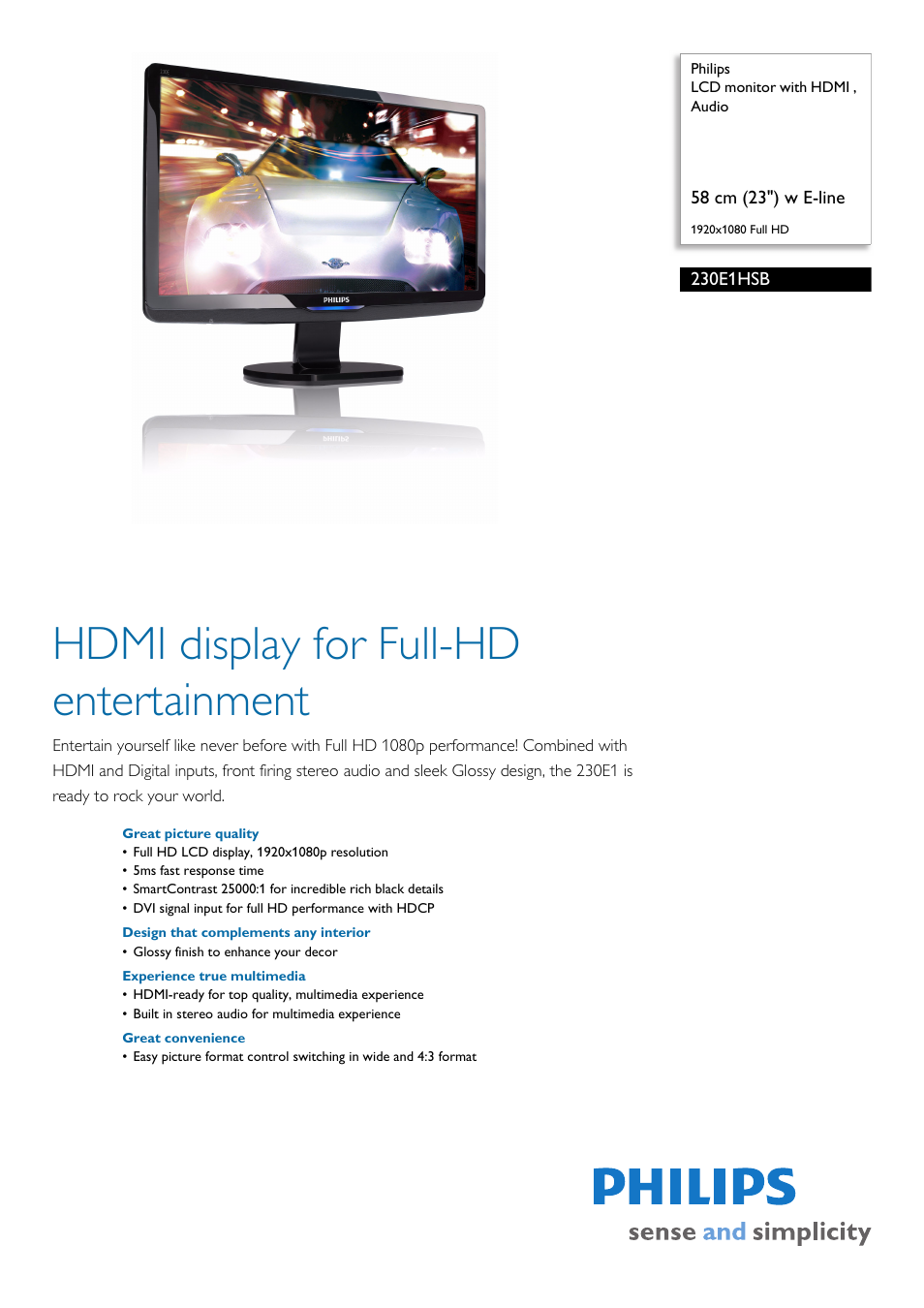 Philips 230E1HSB-27 User Manual | 3 pages