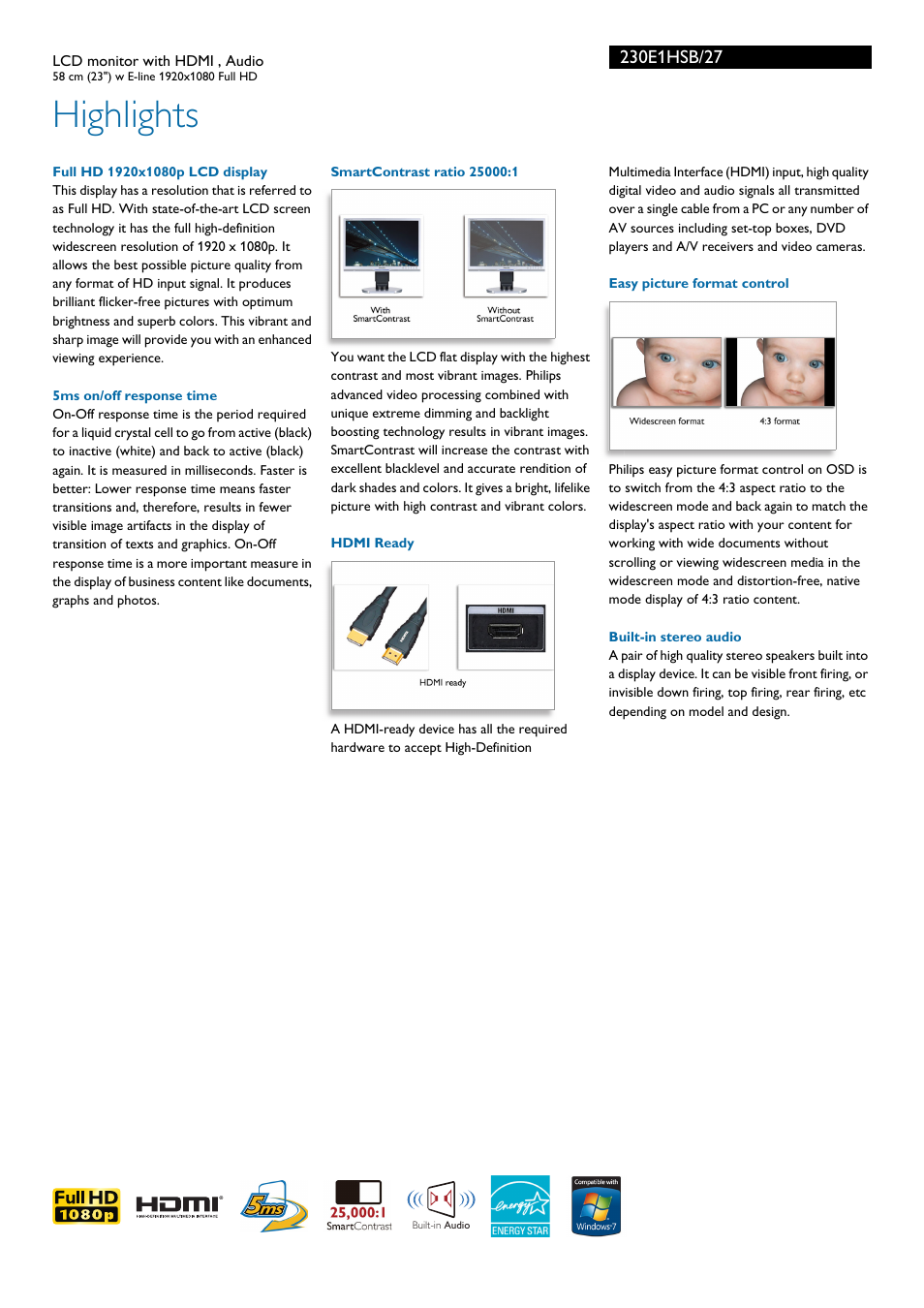 Highlights | Philips 230E1HSB-27 User Manual | Page 2 / 3