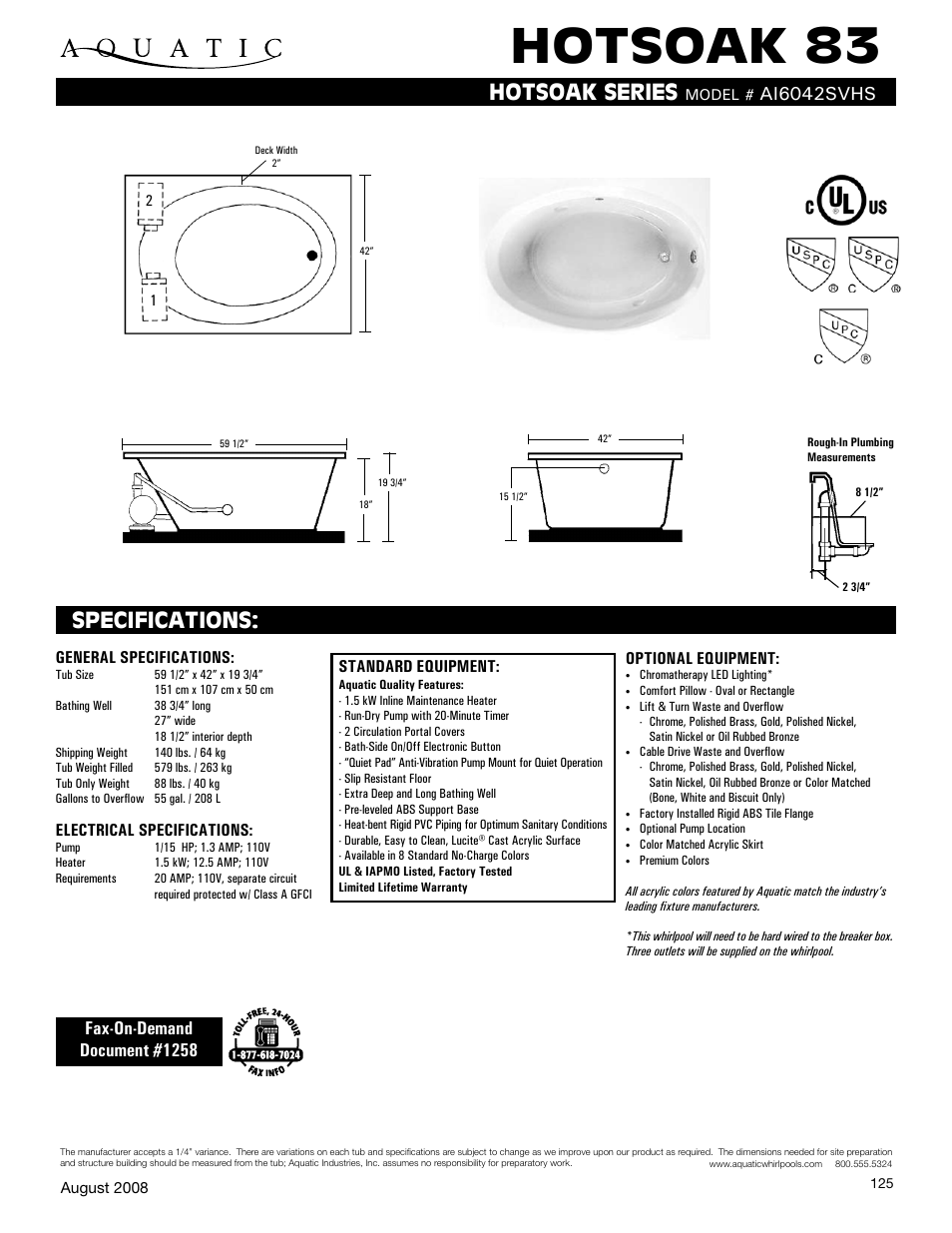 Aquatic HOTSOAK 83 ai6042SvHS User Manual | 1 page