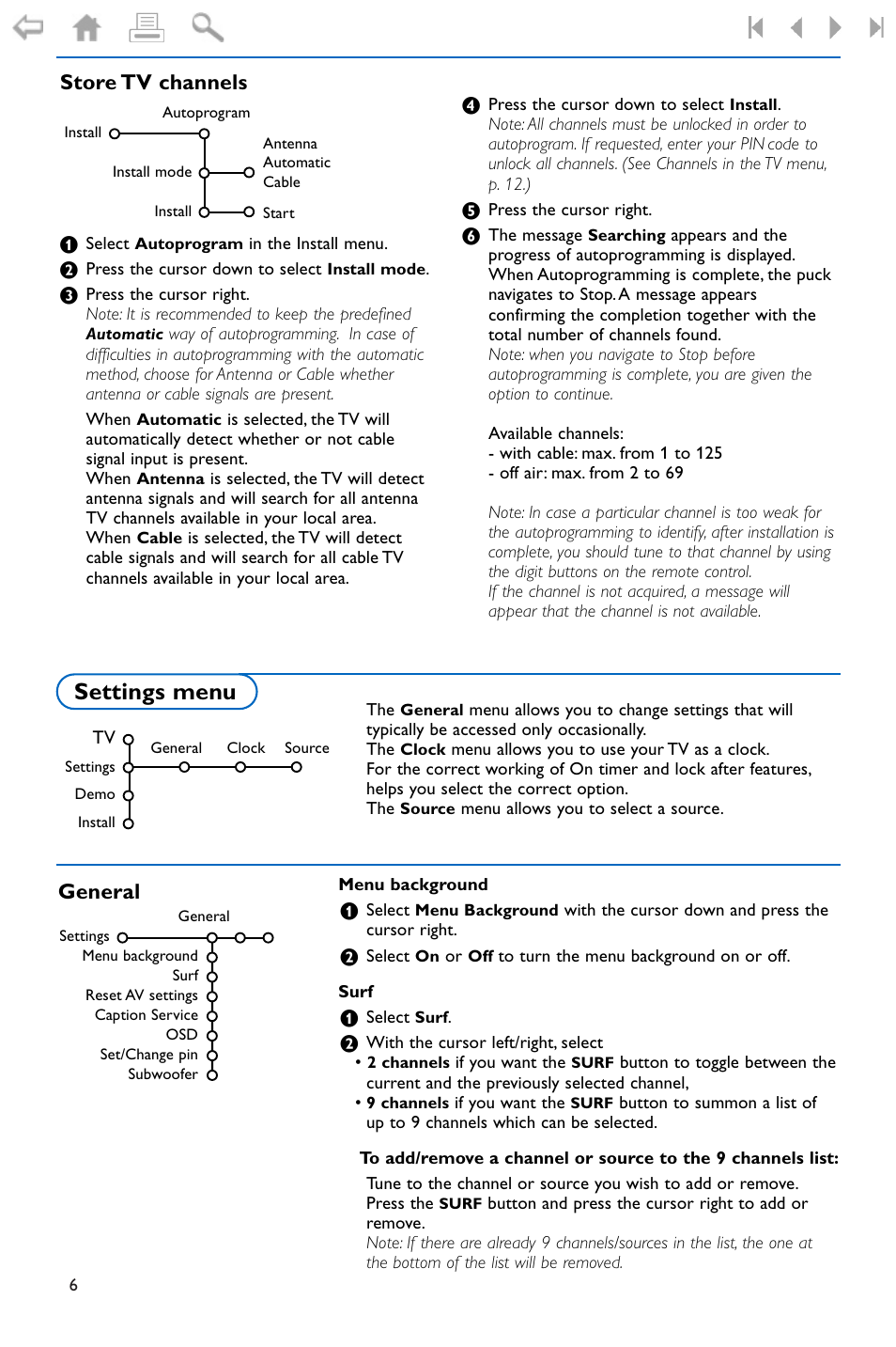 Store tv channels, Settings menu, General | Philips widescreen flat TV 50PF9956 127 cm 50" plasma Progressive Scan User Manual | Page 10 / 36