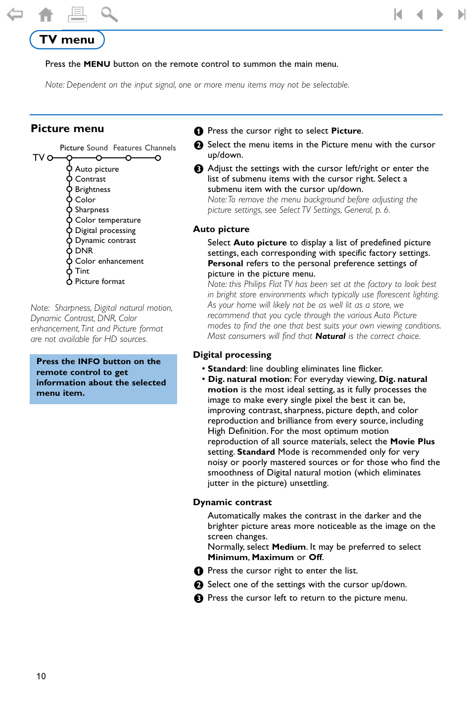 Tv menu, Picture menu | Philips widescreen flat TV 50PF9956 127 cm 50" plasma Progressive Scan User Manual | Page 14 / 36