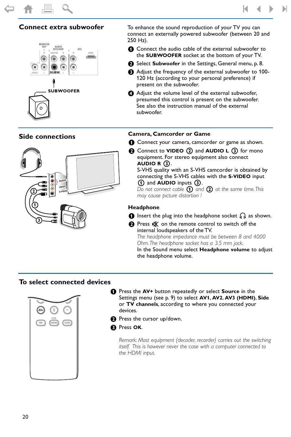 Connect extra subwoofer, Side connections, To select connected devices | Side connections connect extra subwoofer | Philips widescreen flat TV 50PF9956 127 cm 50" plasma Progressive Scan User Manual | Page 24 / 36