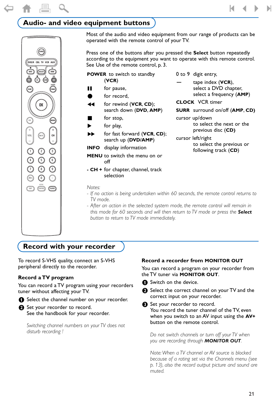 Audio- and video equipment b, Record with your recorder, Audio- and video equipment buttons | º for pause, ® for record, ò for rewind, Search down, For stop, π for play, † for fast forward, Search up, Display information, Select a dvd chapter, select a frequency, Vcr timer | Philips widescreen flat TV 50PF9956 127 cm 50" plasma Progressive Scan User Manual | Page 25 / 36