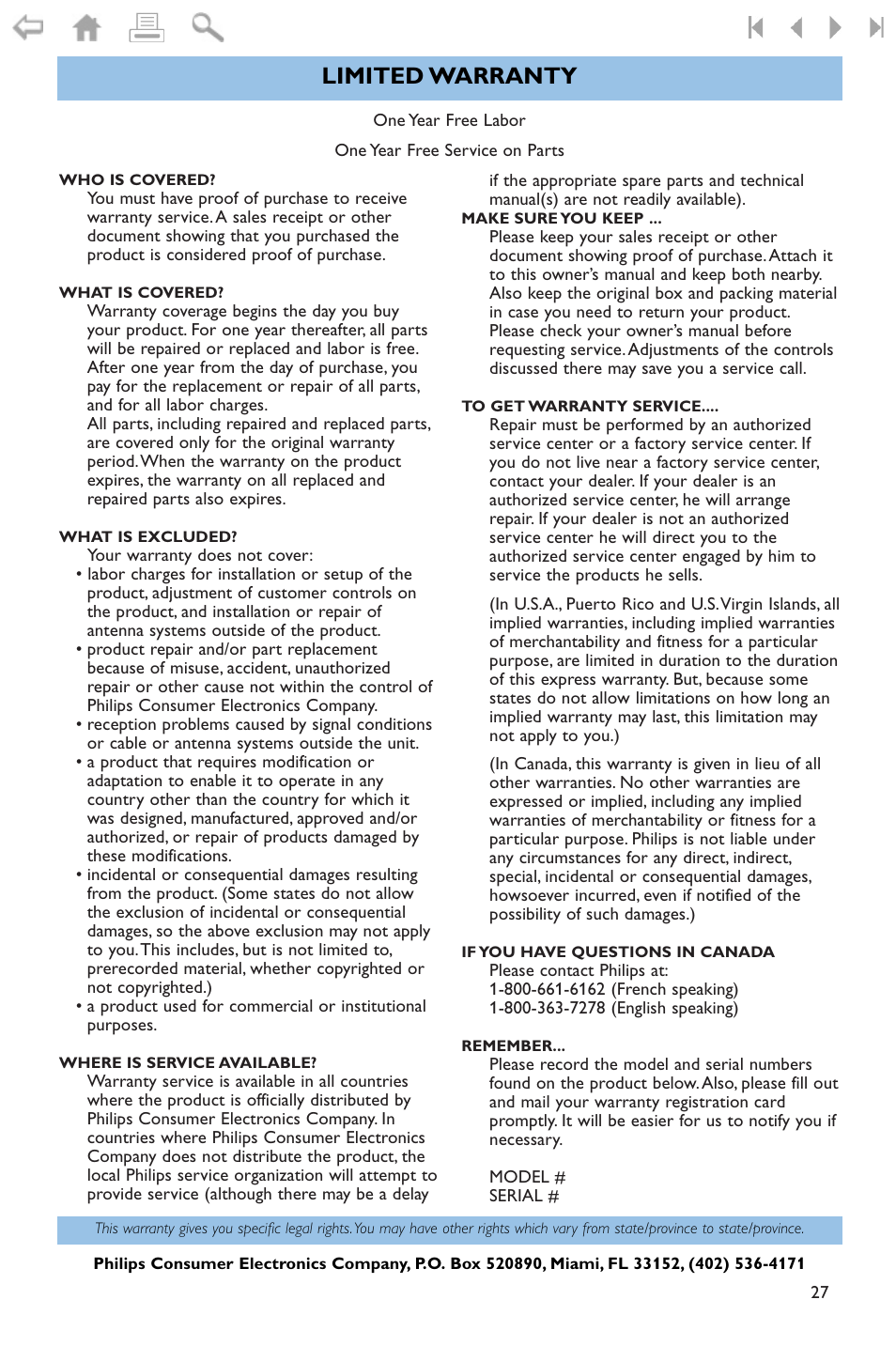 Limited warranty | Philips widescreen flat TV 50PF9956 127 cm 50" plasma Progressive Scan User Manual | Page 31 / 36