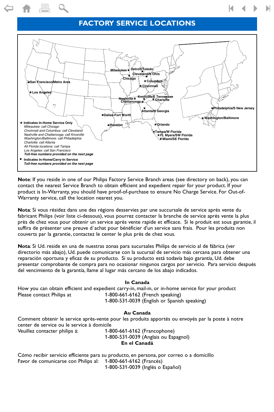 Factory service locations | Philips widescreen flat TV 50PF9956 127 cm 50" plasma Progressive Scan User Manual | Page 32 / 36