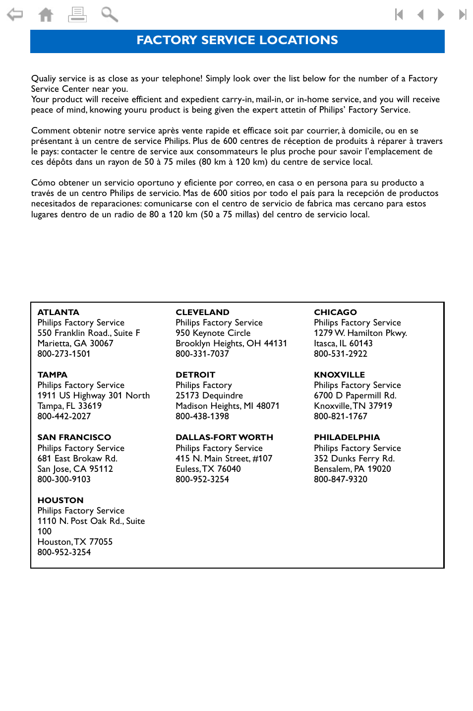 Factory service locations | Philips widescreen flat TV 50PF9956 127 cm 50" plasma Progressive Scan User Manual | Page 33 / 36