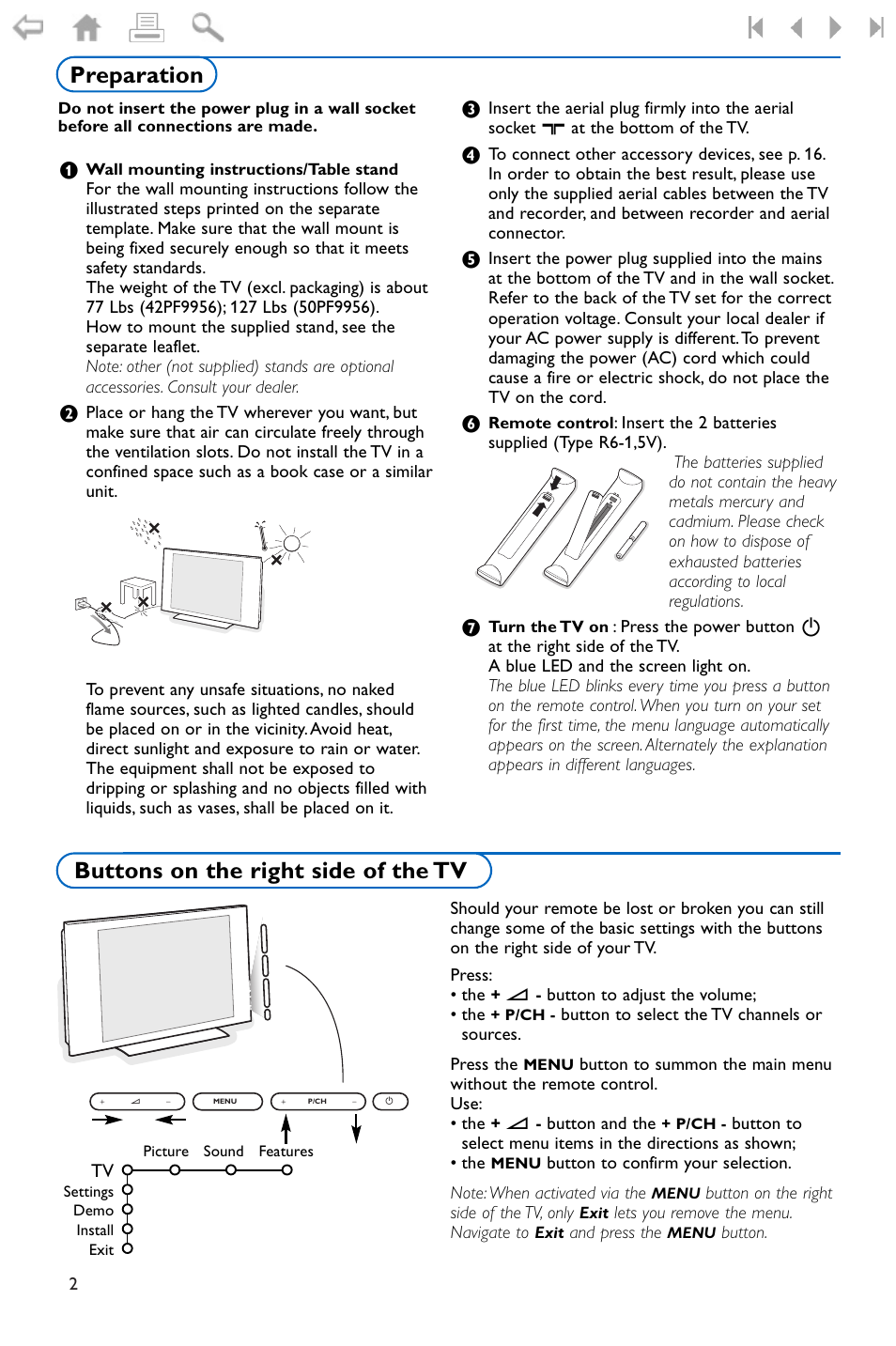 Preparation, Buttons on the right side of, Buttons on the right side of the tv | Buttons on the right side of the tv preparation | Philips widescreen flat TV 50PF9956 127 cm 50" plasma Progressive Scan User Manual | Page 6 / 36