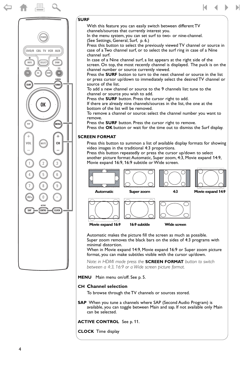 Channel selection, Main menu on/off. see p. 5, See p. 11 | Time display | Philips widescreen flat TV 50PF9956 127 cm 50" plasma Progressive Scan User Manual | Page 8 / 36