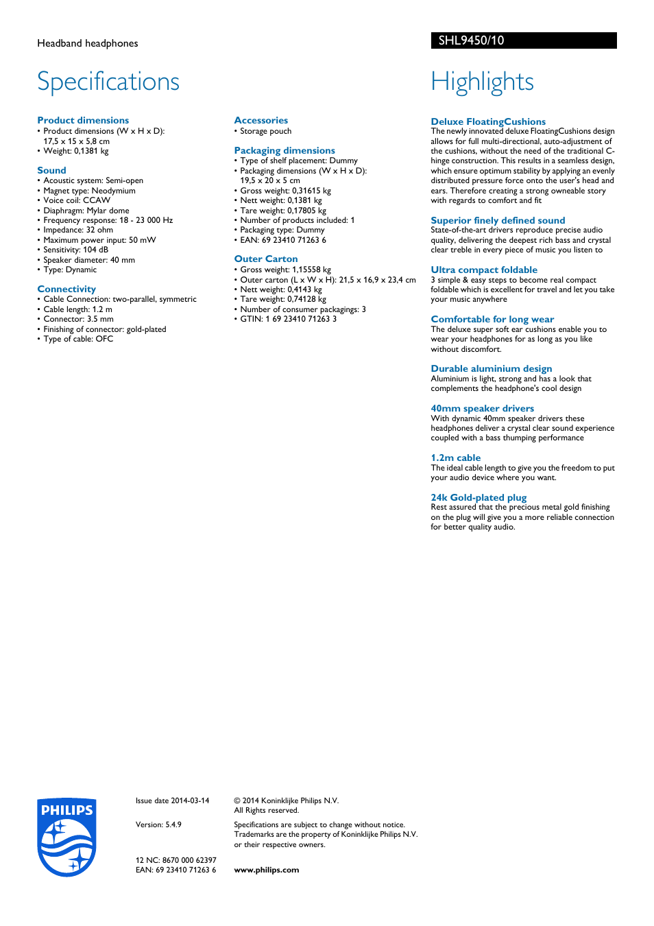 Specifications, Highlights | Philips SHL9450-10 User Manual | Page 2 / 2