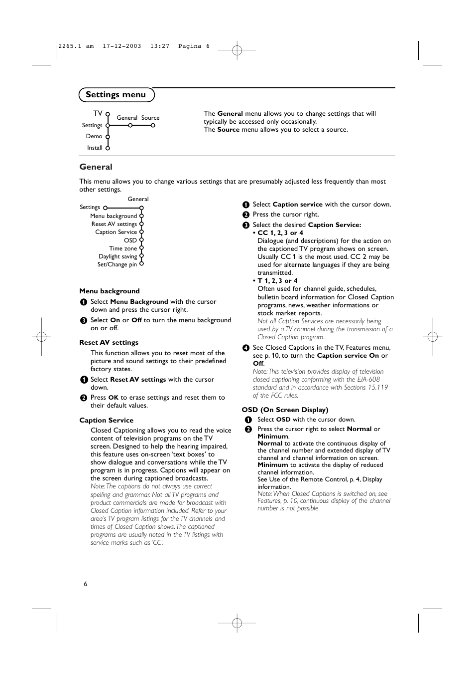 General, Settings menu | Philips 42PF9936-37B User Manual | Page 10 / 34