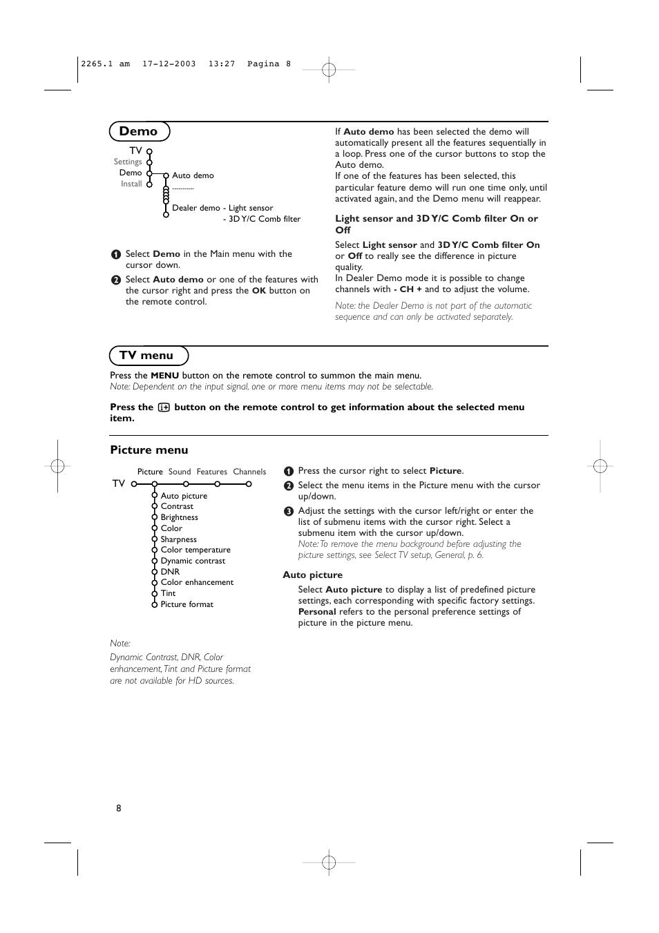 Demo, Tv menu, Picture menu | Philips 42PF9936-37B User Manual | Page 12 / 34