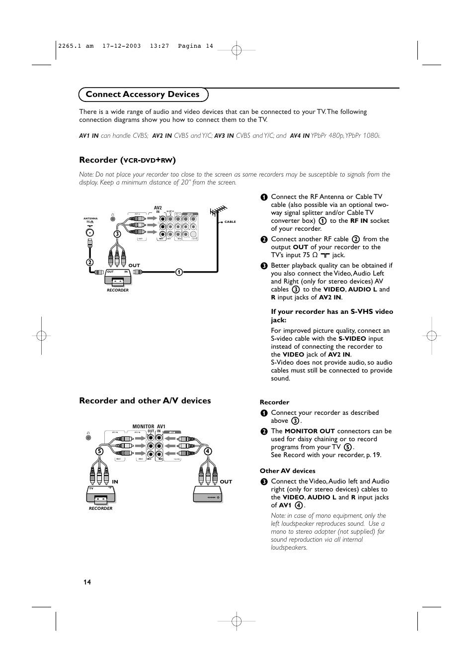 Recorder, Connect accessory devices, Recorder and other a/v devices | Philips 42PF9936-37B User Manual | Page 18 / 34