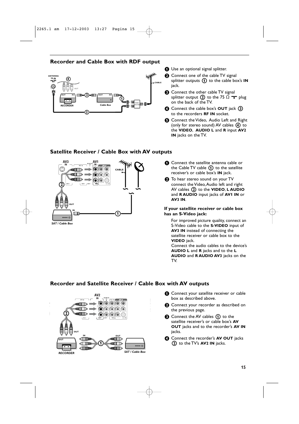 Recorder and cable box with rdf output, Satellite receiver / cable box with av outputs | Philips 42PF9936-37B User Manual | Page 19 / 34