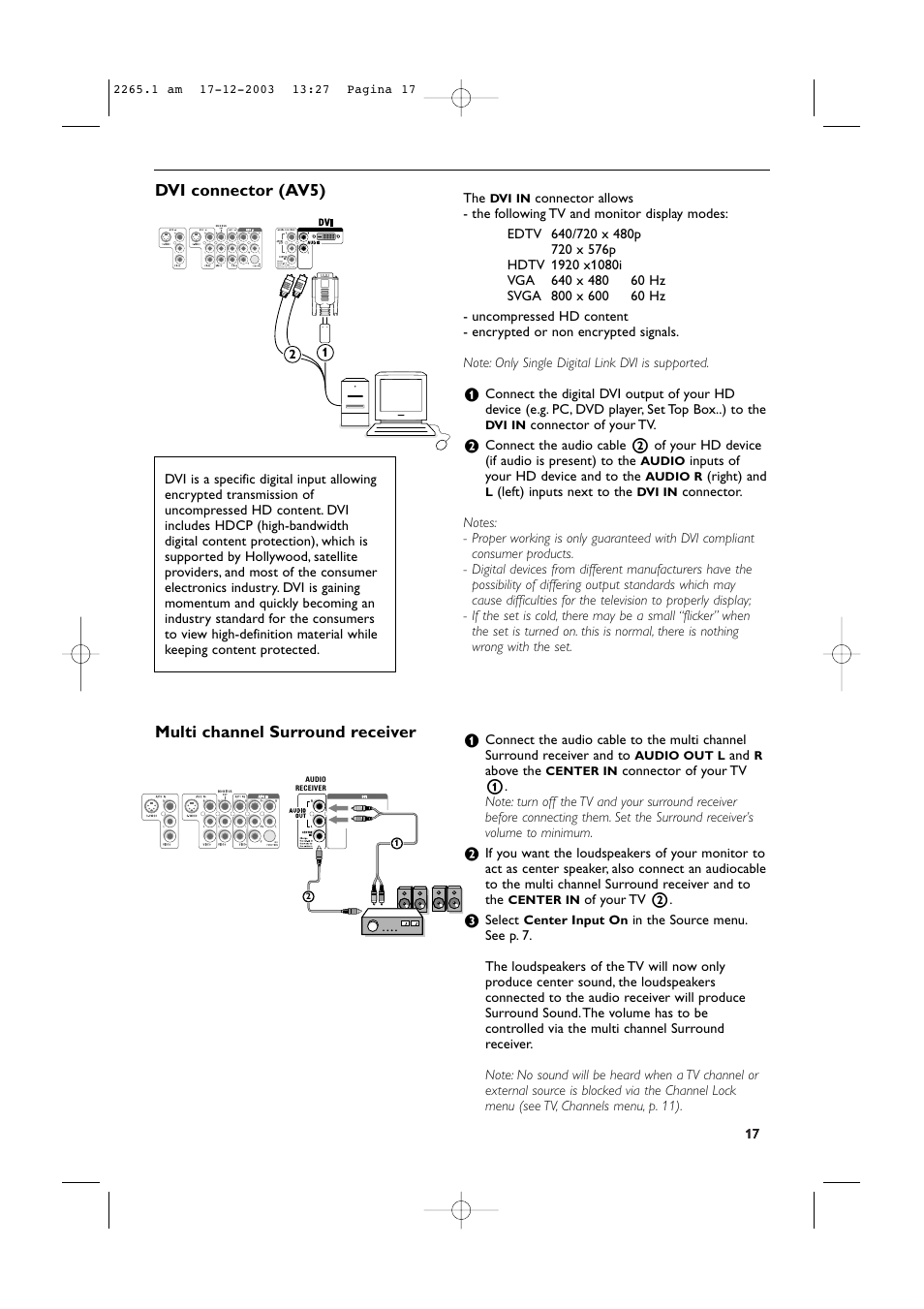 Dvi connector (av5), Multi channel surround receiver | Philips 42PF9936-37B User Manual | Page 21 / 34