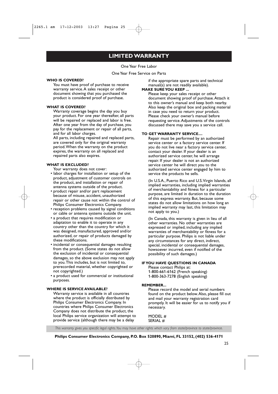 Limited warranty | Philips 42PF9936-37B User Manual | Page 29 / 34