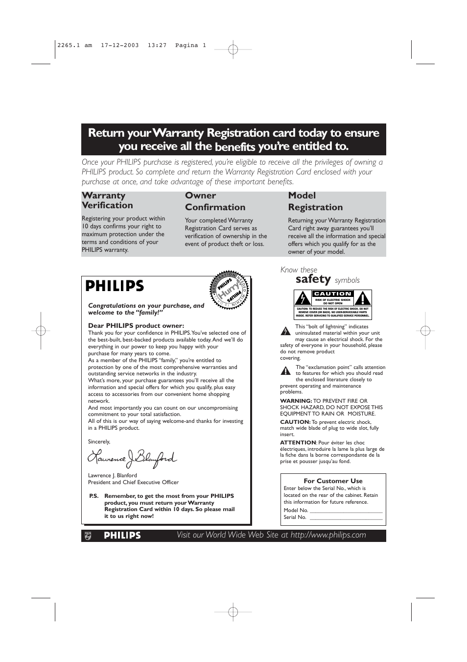 Safety, Warranty verification, Owner confirmation | Model registration, Hurry, Know these, Symbols | Philips 42PF9936-37B User Manual | Page 3 / 34