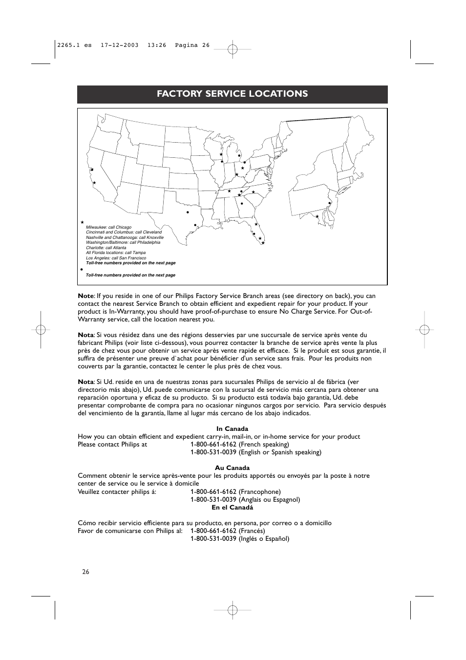 Factory service locations | Philips 42PF9936-37B User Manual | Page 30 / 34