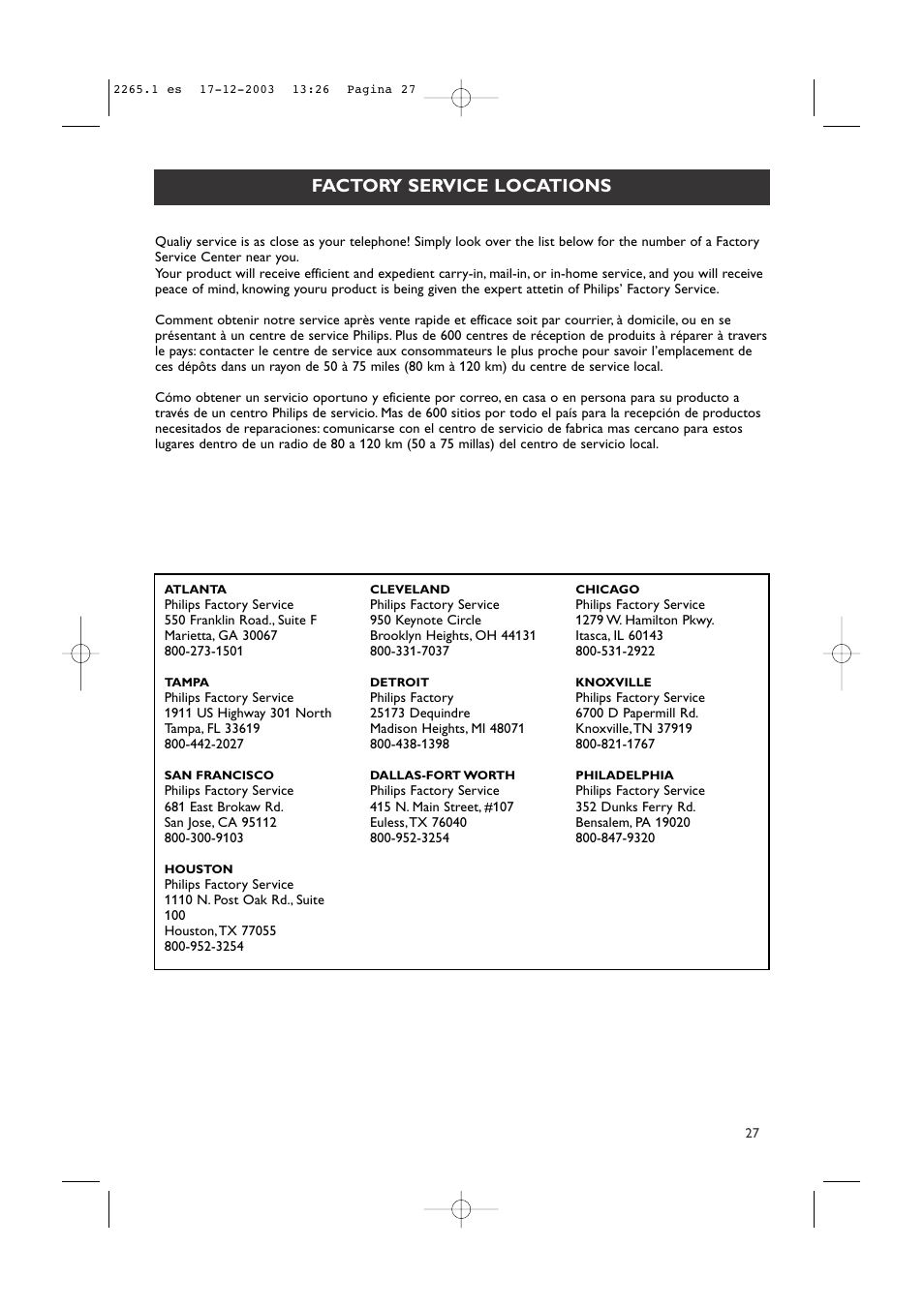 Factory service locations | Philips 42PF9936-37B User Manual | Page 31 / 34
