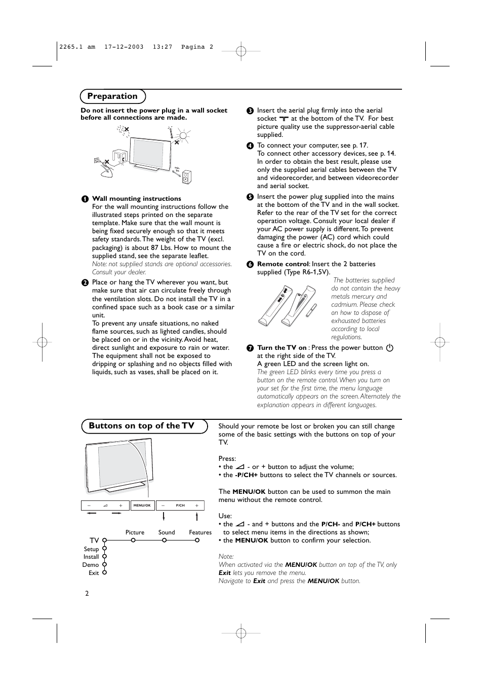 Preparation, Buttons on top of the tv | Philips 42PF9936-37B User Manual | Page 6 / 34