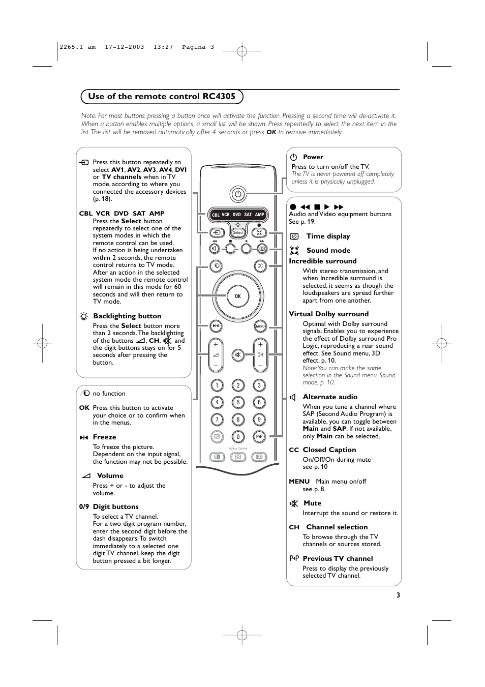 Use of the remote control rc4305 | Philips 42PF9936-37B User Manual | Page 7 / 34