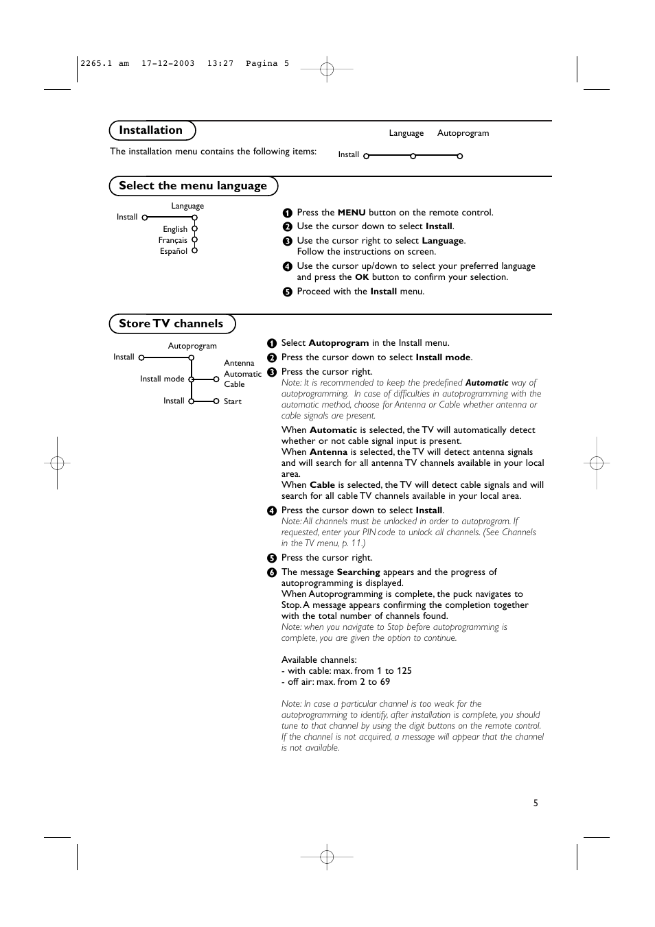 Installation, Select the menu language store tv channels | Philips 42PF9936-37B User Manual | Page 9 / 34