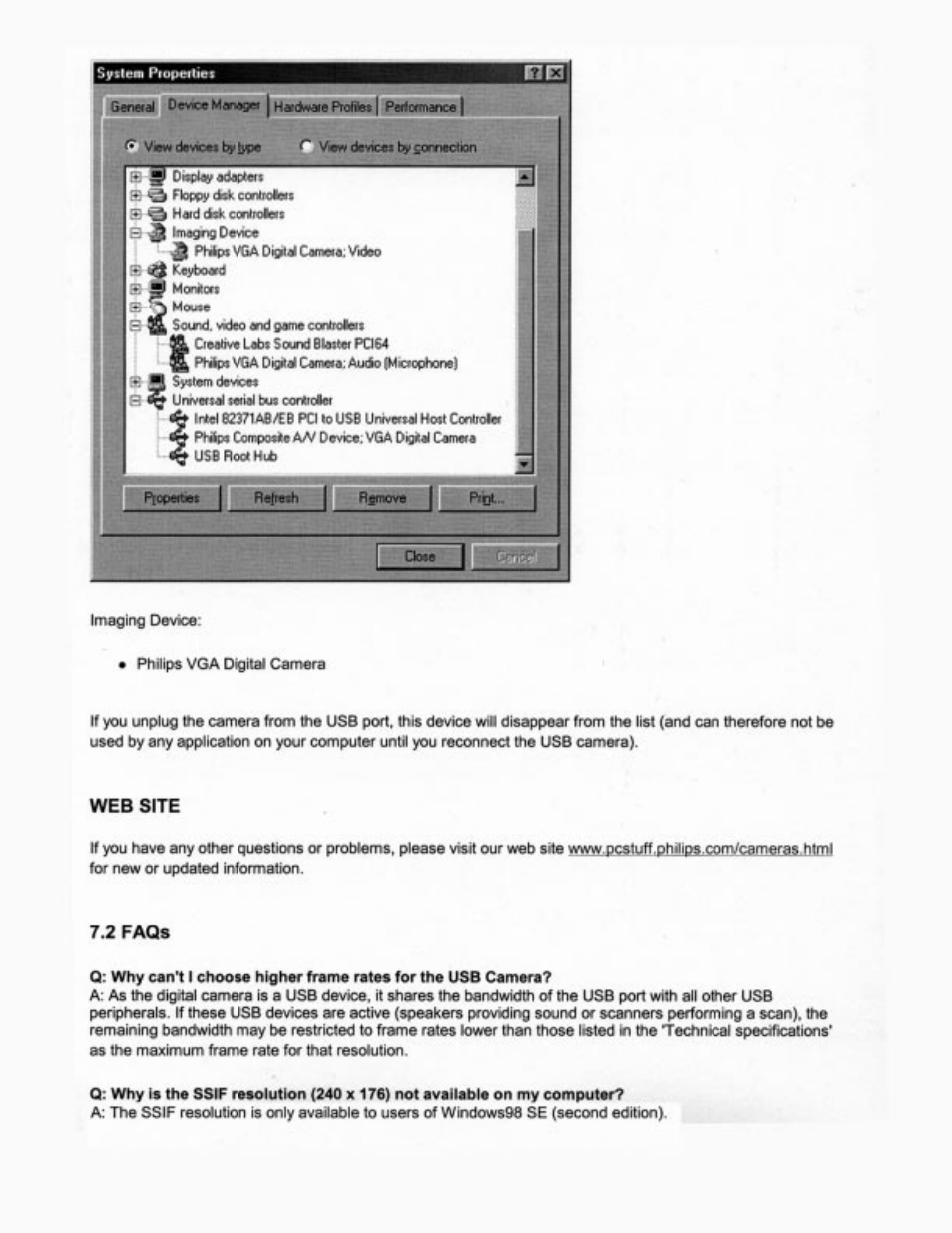 Web site, 2 faqa | Philips PCVC665K User Manual | Page 14 / 25