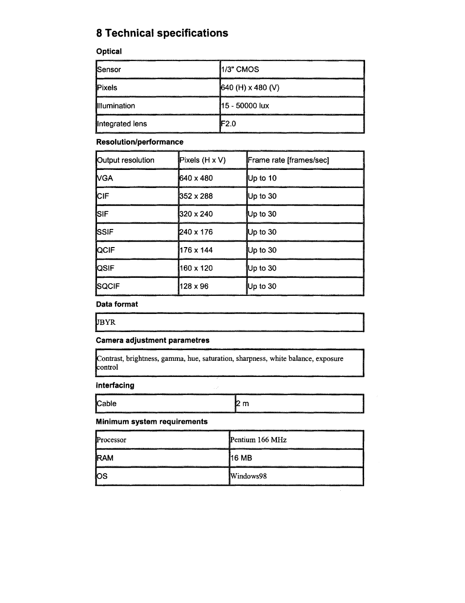 Camera adjustment paramétrés, Interfacing, 8 technical specifications | Philips PCVC665K User Manual | Page 17 / 25