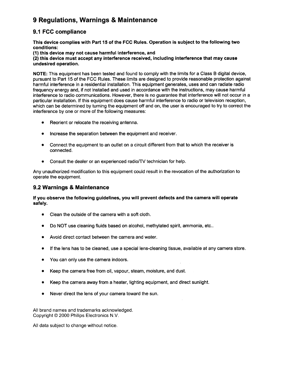 9 regulations, warnings & maintenance, 1 fcc compliance, 2 warnings & maintenance | Philips PCVC665K User Manual | Page 19 / 25