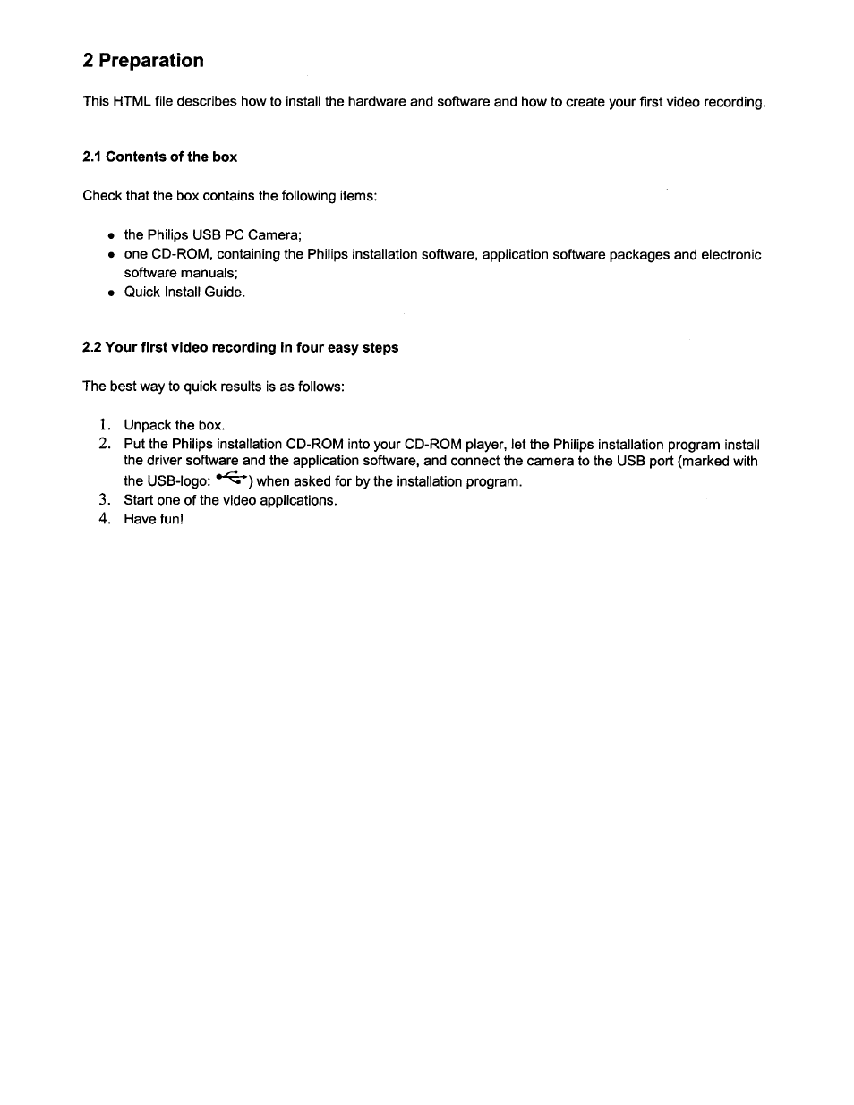 1 contents of the box, 2 your first video recording in four easy steps, 2 preparation | Philips PCVC665K User Manual | Page 3 / 25