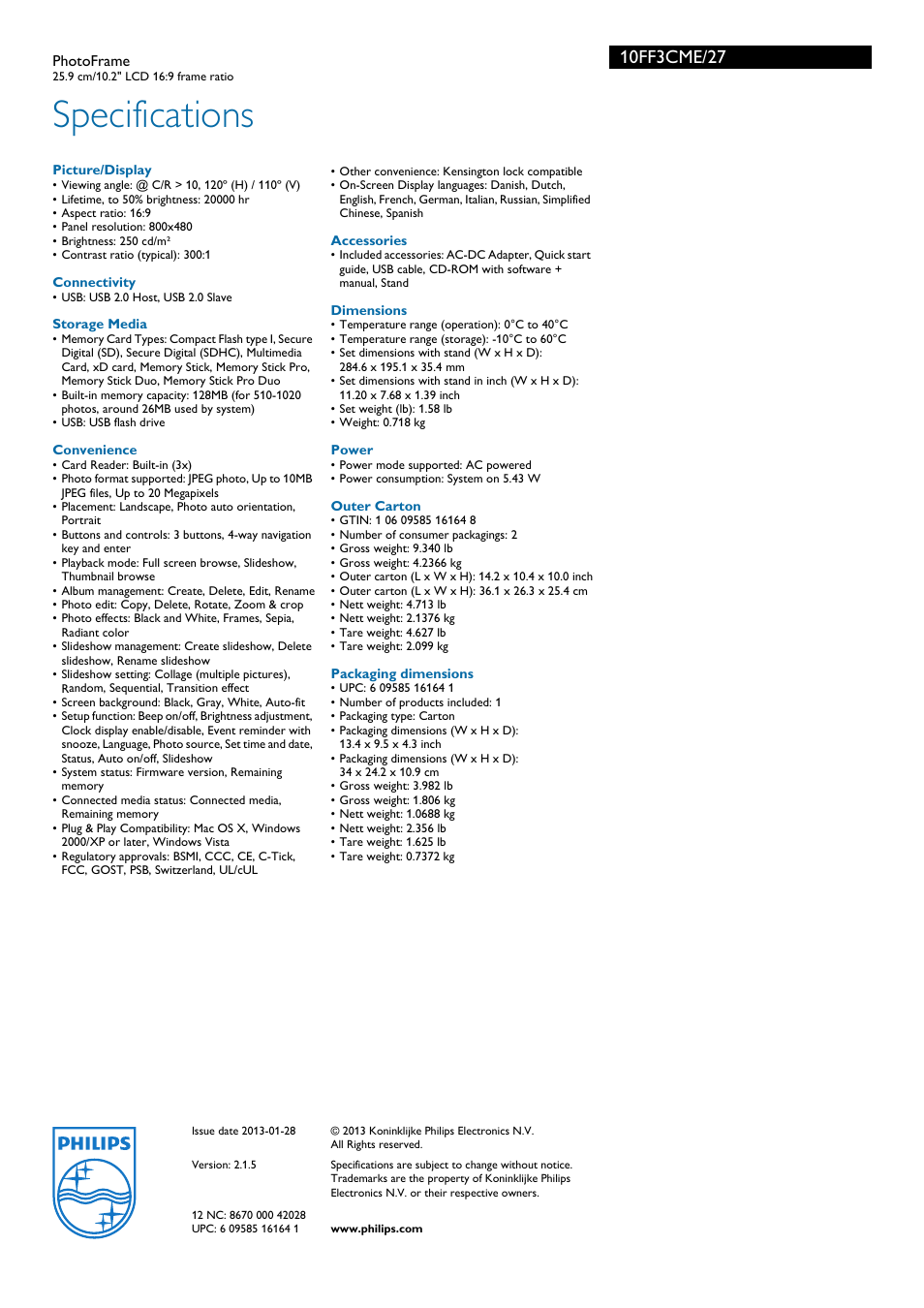 Specifications | Philips 10FF3CME-27 User Manual | Page 3 / 3