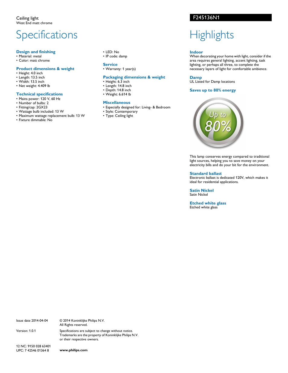 Specifications, Highlights | Philips F245136N1 User Manual | Page 2 / 2