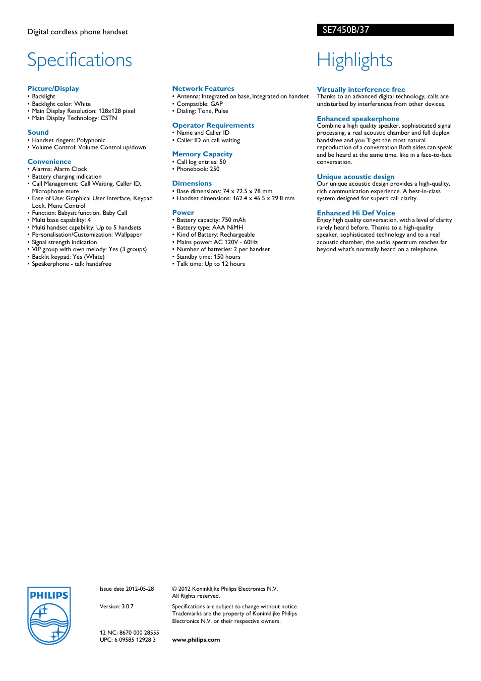 Specifications, Highlights | Philips SE7450B-37 User Manual | Page 2 / 2