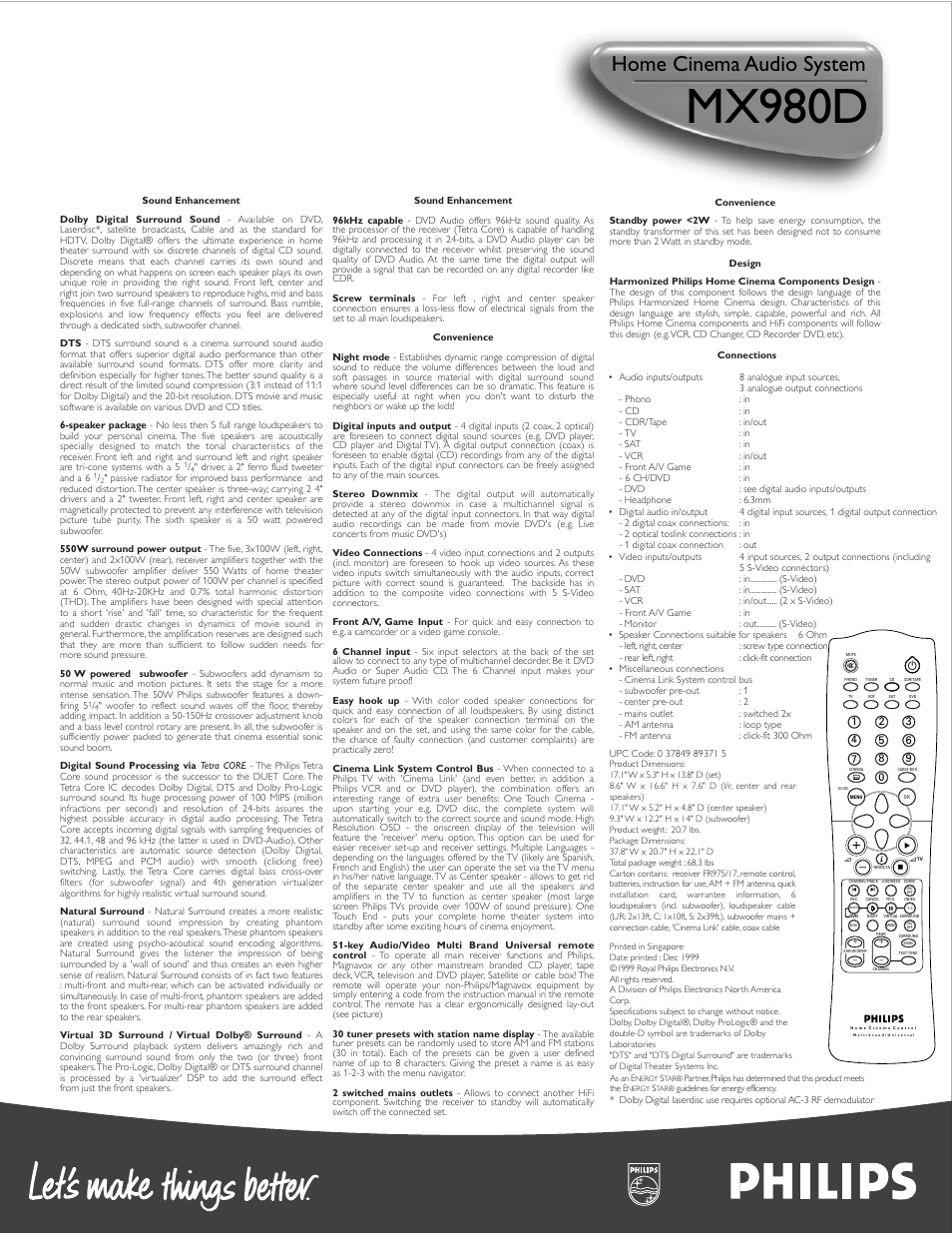 Mx980d, Home cinema audio system | Philips HOME THEATER User Manual | Page 2 / 2