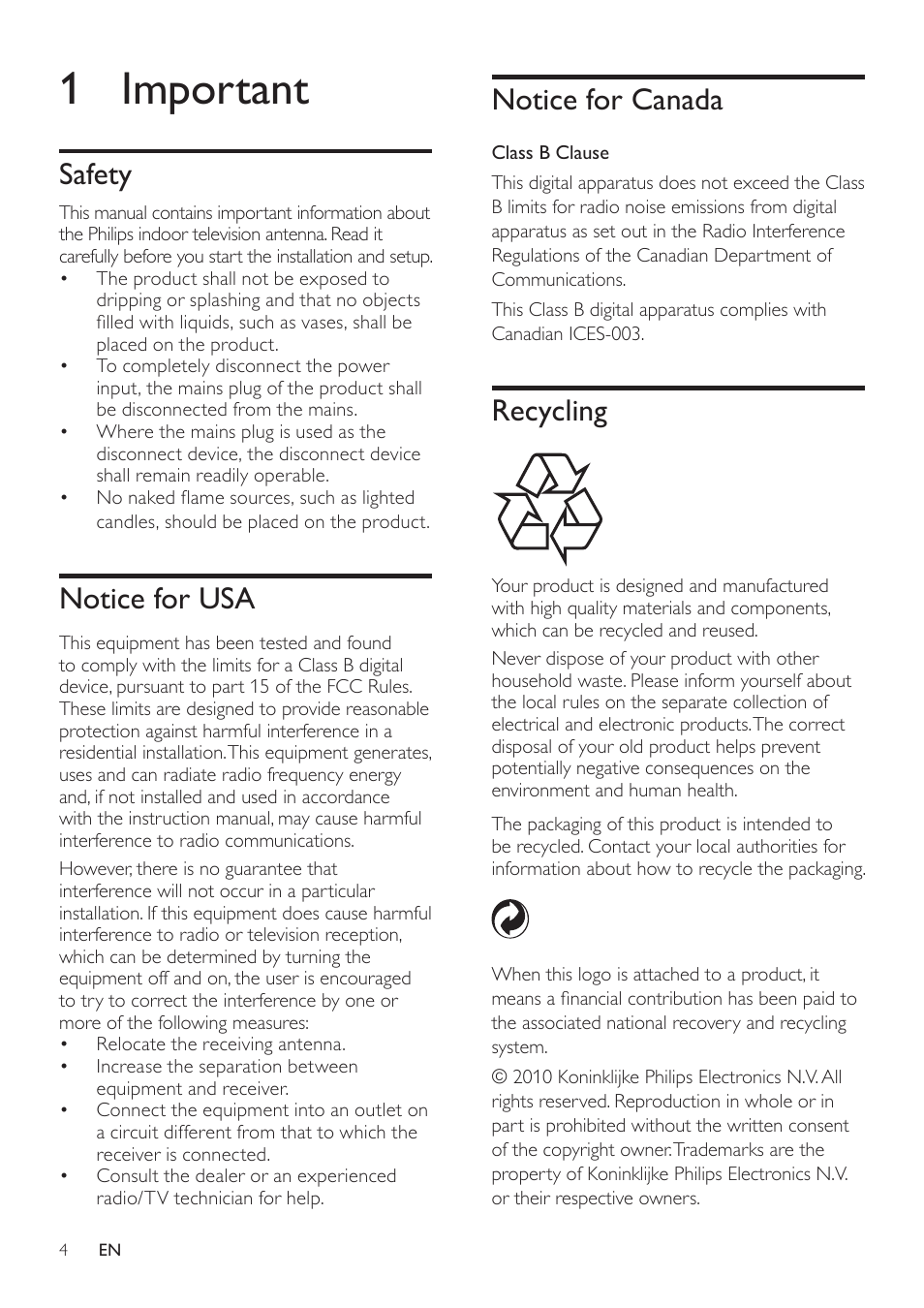 1 important, Safety, Notice for usa | Notice for canada, Recycling | Philips Digital TV antenna SDV6222T Indoor 20 dB amplified HDTV-UHF-VHF User Manual | Page 4 / 10