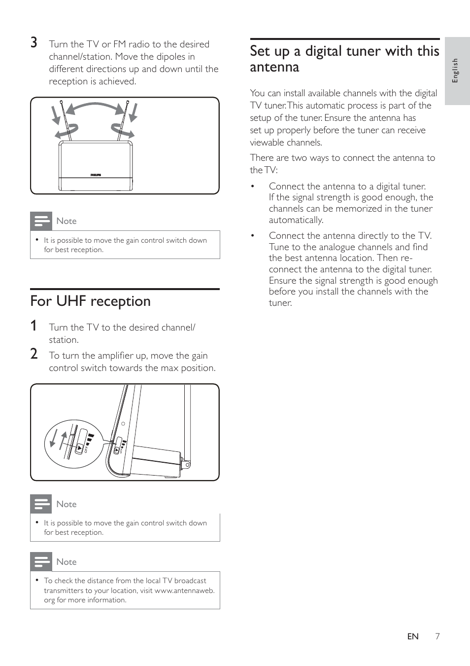 For uhf reception, Set up a digital tuner with this antenna | Philips Digital TV antenna SDV6222T Indoor 20 dB amplified HDTV-UHF-VHF User Manual | Page 7 / 10