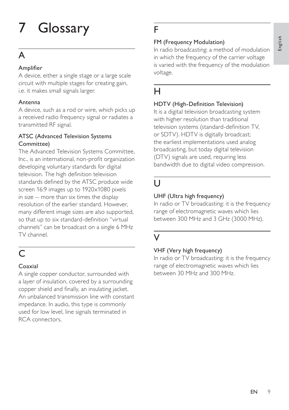 7 glossary | Philips Digital TV antenna SDV6222T Indoor 20 dB amplified HDTV-UHF-VHF User Manual | Page 9 / 10