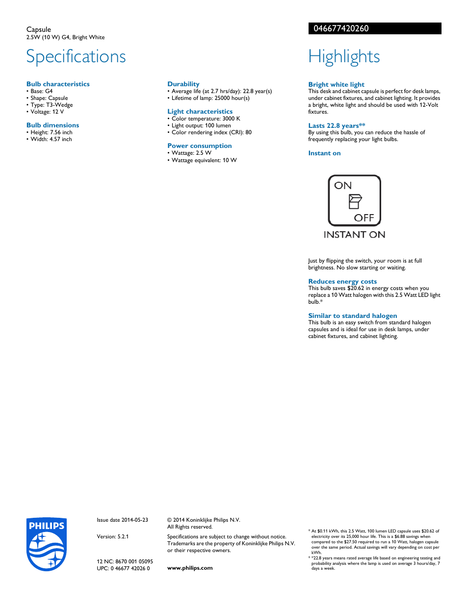 Specifications, Highlights | Philips 046677420260 User Manual | Page 2 / 2