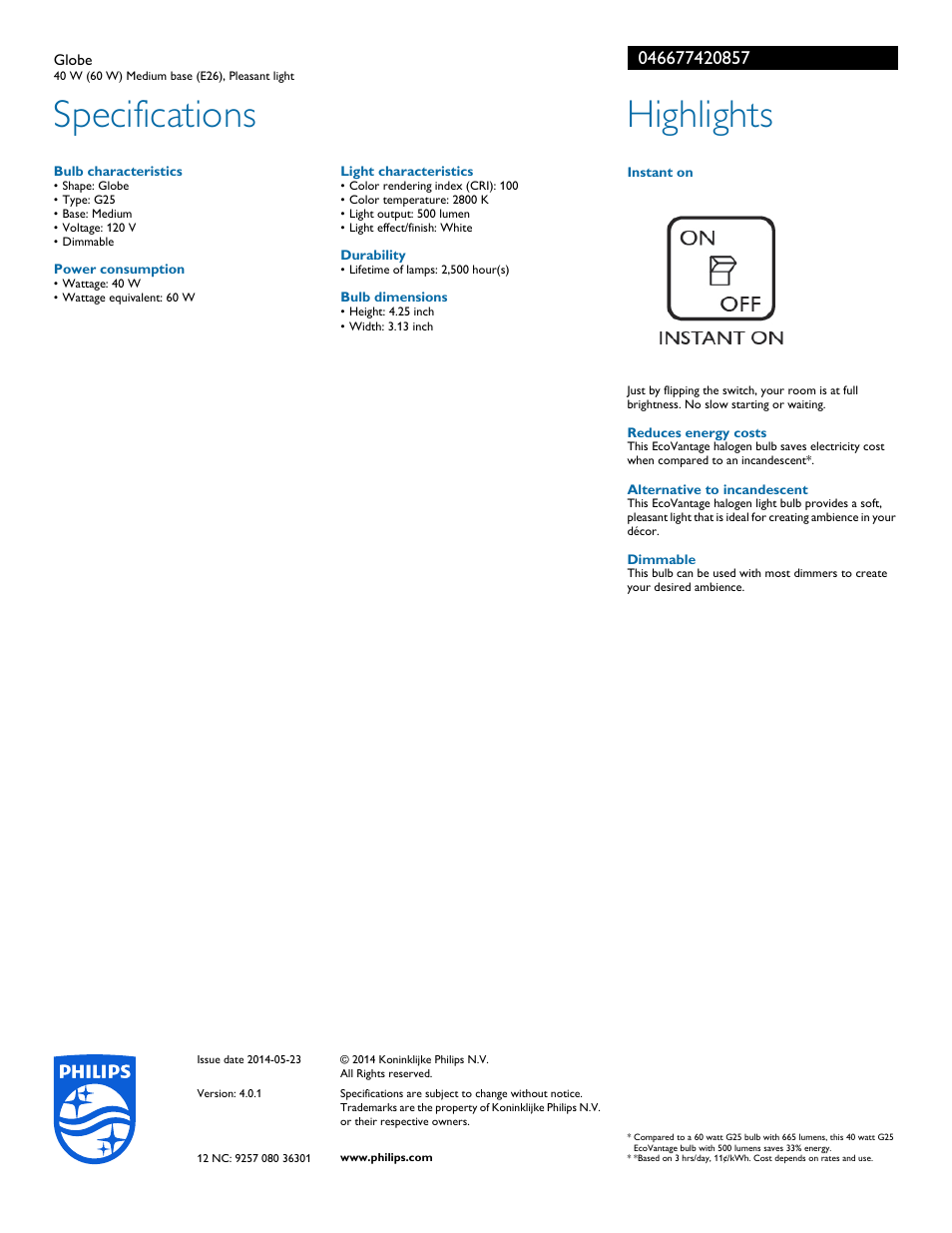 Specifications, Highlights | Philips 046677420857 User Manual | Page 2 / 2