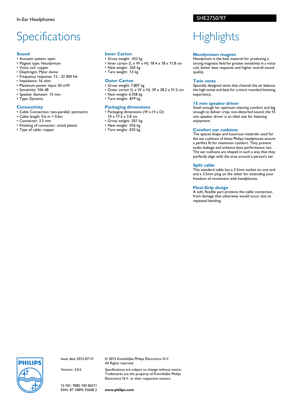 Specifications, Highlights | Philips SHE2750-97 User Manual | Page 2 / 2