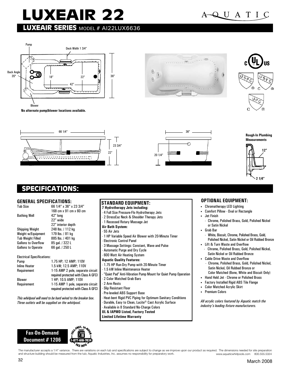 Aquatic LUXEAIR 22 AI22lux6636 User Manual | 1 page