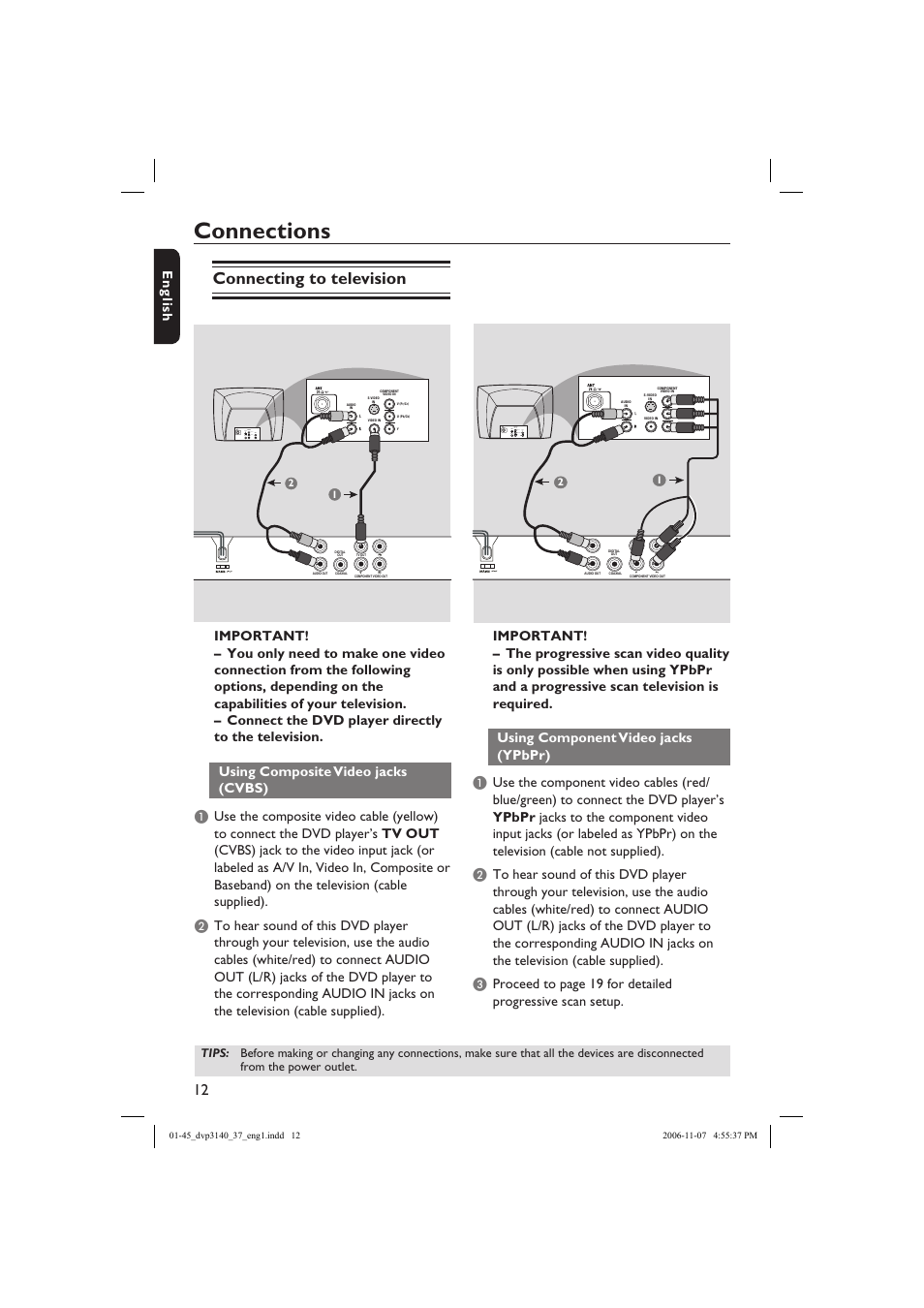 Connections, Connecting to television, Eng li sh | Philips DVP3140-37 User Manual | Page 12 / 45