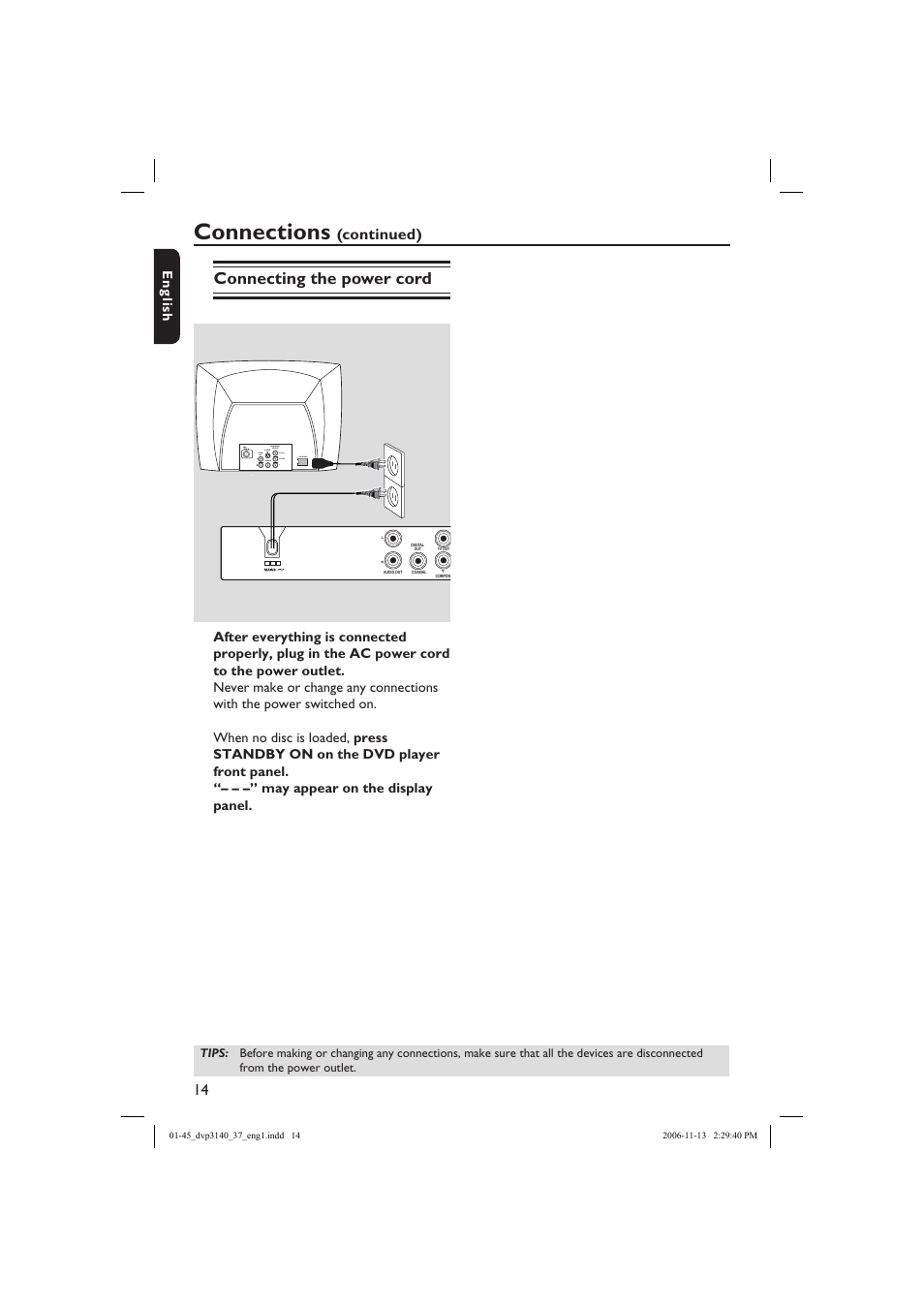 Connections, Connecting the power cord, Continued) | Philips DVP3140-37 User Manual | Page 14 / 45